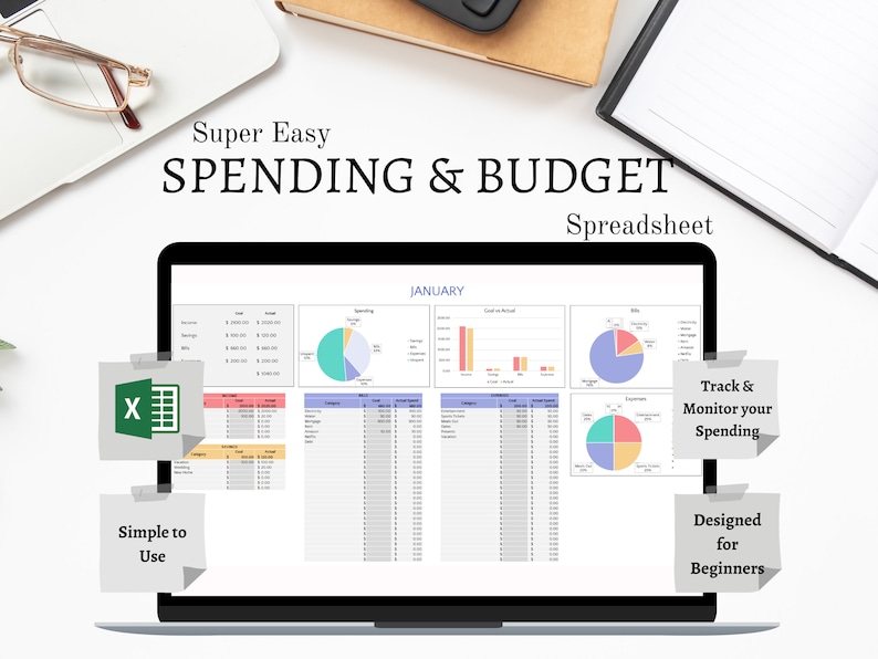 Super Easy budget and spending spreadsheet. Simple to use. Designed for beginners. Track and Monitor your spending. Microsoft Excel. Digital download. Monthly overview displays Needs Wants and Savings. Compares your spending verses your goals.