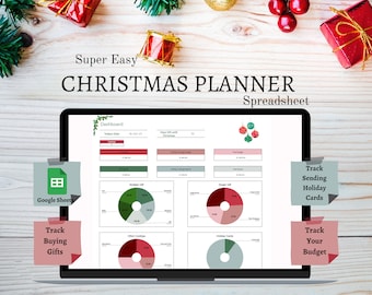 May include: A laptop computer screen displaying a Google Sheets spreadsheet titled "Super Easy Christmas Planner". The spreadsheet has a dashboard with charts and graphs to track holiday spending, gift buying, and card sending. The spreadsheet is designed to help users plan and manage their Christmas budget.