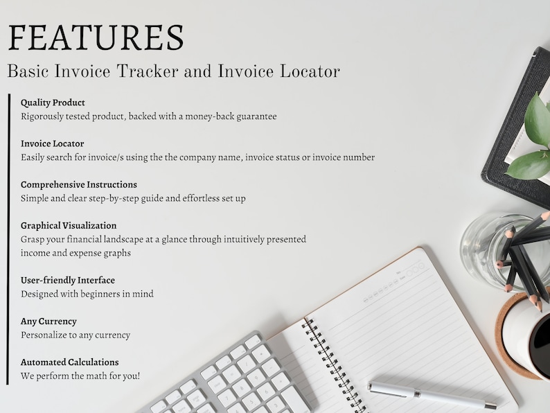 Features. Quality Product, tested product with money-back guarantee. Easily search for invoice/s using the company name, invoice status or invoice number. Instructions. Graphs. Any Currency. User Friendly. Automatic Calculations.