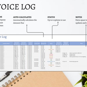 Invoice Log. Dropdowns to select the company/client. Automatically calculates the amount due. Up to 6 invoice statuses to use. Notes for extra space to add updates.