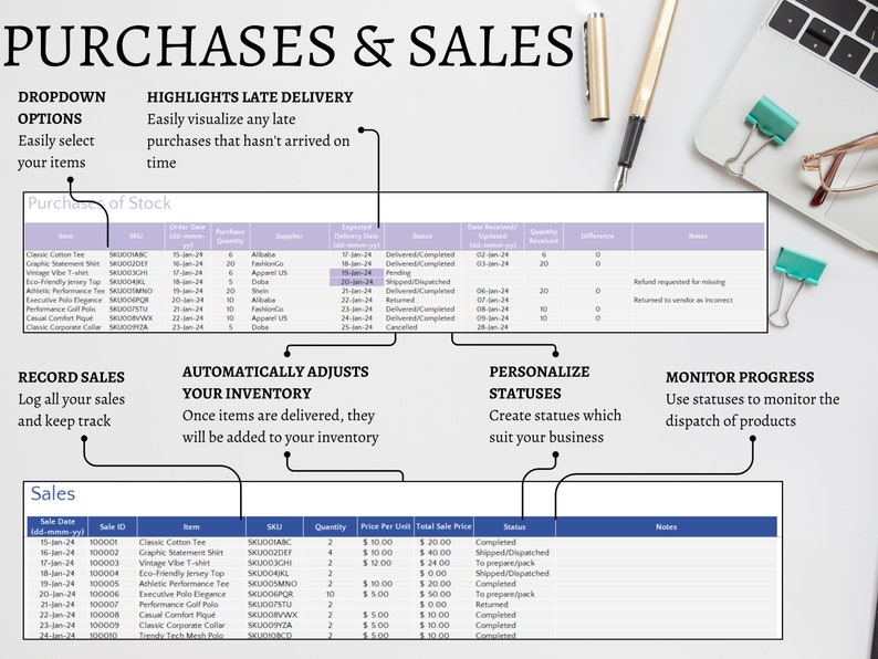 Purchases and Sales. Dropdown options. Highlights late delivery. Record sales. Automatically updates your inventory. Personalize statuses. Monitor progress. Track inventory. stock inventory. microsoft excel. business template. Order tracker