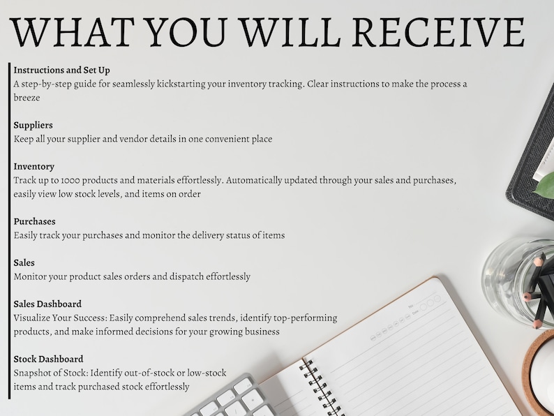 Instructions, set up. Supplier details. Inventory tab automatically updates from sales and purchases. Purchases & Sales. Sales dashboard. Stock dashboard. inventory tracker. Stock inventory. Sales tracker. Bookkeeping template. order tracker. stock