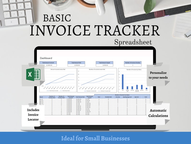 Basic Invoice Tracker Spreadsheet Template. Microsoft Excel. Includes Invoice Locator. Automatic Calculations. Ideal for Small Businesses. Personalize to your needs.