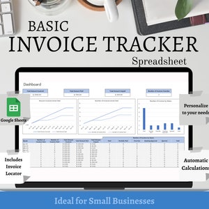 Könnte beinhalten: Ein Laptop-Computer, auf dem eine Google Sheets-Tabelle mit einem Dashboard zur Verfolgung von Rechnungen angezeigt wird. Die Tabelle enthält Diagramme und Tabellen mit Daten zum Gesamtbetrag der Rechnungen, zum Gesamtbetrag der Zahlungen und zur Anzahl der Rechnungen. Die Tabelle trägt den Titel "BASIC INVOICE TRACKER Spreadsheet".
