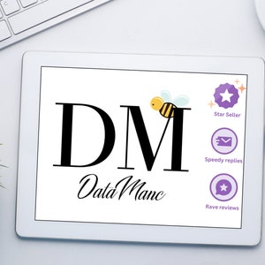May include: A white tablet screen displaying the text "DM Data Mane" in black with a bee illustration. The screen also shows three purple badges with the text "Star Seller", "Speedy replies", and "Rave reviews".