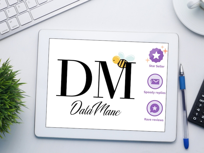 May include: A white tablet screen displaying the text "DM Data Mane" in black with a bee illustration. The screen also shows three purple badges with the text "Star Seller", "Speedy replies", and "Rave reviews".