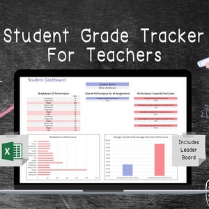 May include: A laptop screen displaying a student grade tracker spreadsheet with charts and graphs. The spreadsheet includes a student's name, overall performance, and performance towards the final exam. The spreadsheet is titled "Student Dashboard". The laptop is on a black chalkboard background with the text "Student Grade Tracker For Teachers" at the top.