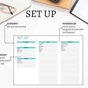 Set up tab.  Set Up in any currency. Create up to 7 categories for income and savings. Create up to 30 categories for your bills and expenses. Budget spreadsheet template planner.