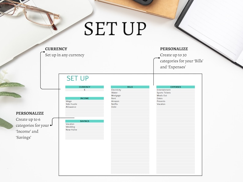 Set up tab.  Set Up in any currency. Create up to 7 categories for income and savings. Create up to 30 categories for your bills and expenses. Budget spreadsheet template planner.