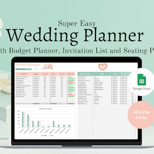 May include: A laptop screen displays a wedding planner with budget, invitation list, and seating plan features. The text "Super Easy Wedding Planner" is at the top. A Google Sheets icon is visible. The planner is designed for easy wedding planning.