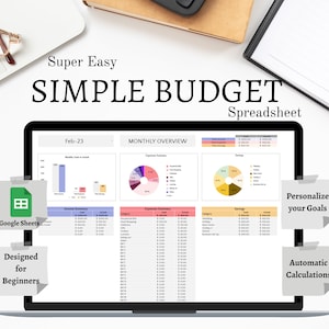 May include: A laptop computer screen displaying a Google Sheets spreadsheet with a simple budget template. The spreadsheet includes a monthly overview, income summary, expense summary, and savings summary. The spreadsheet is designed for beginners and includes automatic calculations. The image also includes a Google Sheets logo and the text "Super Easy SIMPLE BUDGET Spreadsheet".
