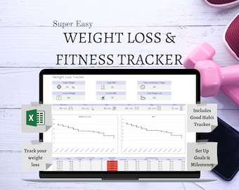 May include: A laptop computer screen displaying a weight loss and fitness tracker spreadsheet with charts and graphs. The spreadsheet includes sections for tracking weight, body measurements, and goals. The laptop is on a white wooden surface with pink dumbbells and a sticky note that says "Includes Good Habit Tracker".