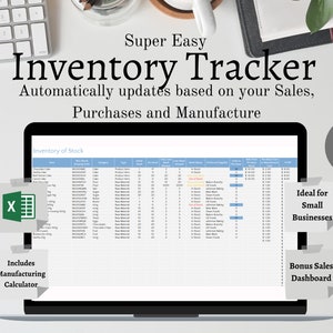 Op de afbeelding: Een laptopcomputer die een spreadsheet toont met de titel "Inventory of Stock". De spreadsheet maakt deel uit van een Excel-werkmap, die een "Super Easy Inventory Tracker" is die automatisch wordt bijgewerkt op basis van verkopen, aankopen en productie. De afbeelding bevat ook tekst die zegt "Ideaal voor kleine bedrijven" en "Alles in één 9 tabbladen!" en "Bevat een productieberekenaar" en "Bonusverkoopdashboard".