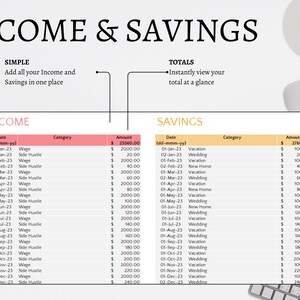 Income and savings tab. Simple, entering information and data here will auto-populate the monthly overview. Instantly see your total at a glance. Notes for extra space.