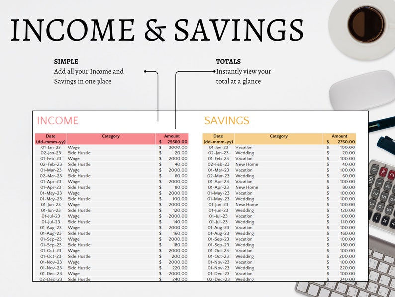 Income and savings tab. Simple, entering information and data here will auto-populate the monthly overview. Instantly see your total at a glance. Notes for extra space.