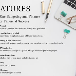 All in one budgeting and finance tools for financial success. Quality Product, back with money-back guarantee. Track Spending with personalised goals. Comprehensive instructions. Any Currency. Reusable resource. Presented graphs. Auto-calculates