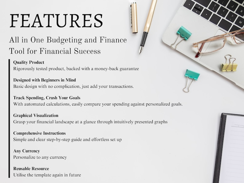All in one budgeting and finance tools for financial success. Quality Product, back with money-back guarantee. Track Spending with personalised goals. Comprehensive instructions. Any Currency. Reusable resource. Presented graphs. Auto-calculates