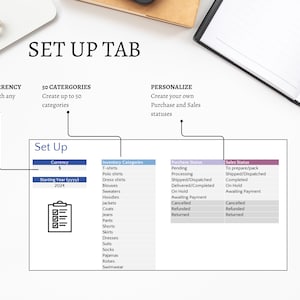 Set up tab. Any currency. create up to 50 categories. Create your own purchases and sales statuses. Sales dashboard. Inventory tracker. Inventory management.