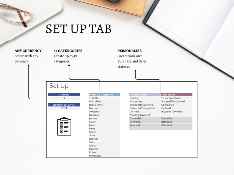 Set up tab. Any currency. create up to 50 categories. Create your own purchases and sales statuses. Sales dashboard. Inventory tracker. Inventory management.