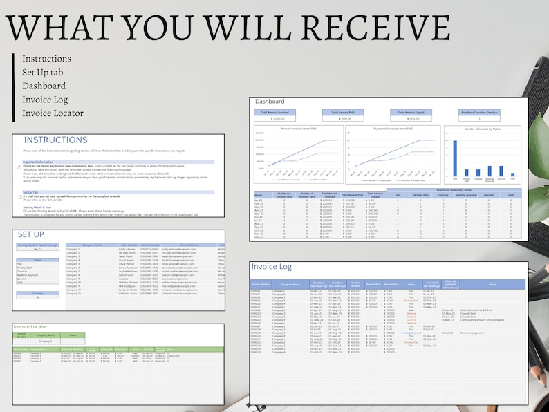 What you will receive. Instructions. Set up tab. dashboard. Invoice log. Invoice locator.