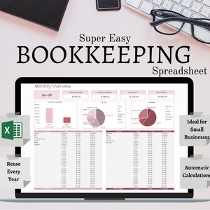 Puede incluir: Una pantalla de portátil muestra una hoja de cálculo de contabilidad con gráficos y tablas. El texto "Super Easy BOOKKEEPING Spreadsheet" está en la parte superior. La hoja de cálculo está etiquetada como "Monthly Overview" e incluye el texto "Reuse Every Year" y "Automatic Calculations".