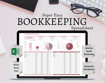 Easy Bookkeeping Template Spreadsheet for Small Businesses. Microsoft Excel. Pink. Bookkeeping + Accounting Tracker Income + Expense Tracker