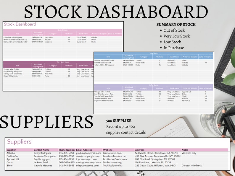 Stock Dashboard. Summary of out of stock, very low stock, low stock and in purchase. Suppliers, record up to 500 supplier contact details. Inventory Tracker Microsoft Excel