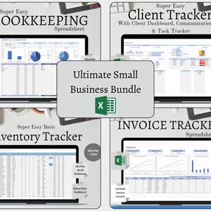 May include: A collage of four computer screens displaying spreadsheets for bookkeeping, client tracking, inventory tracking, and invoice tracking. Each screen has a title and a description of the spreadsheet's features. The title "Ultimate Small Business Bundle" is displayed in the centre of the collage.