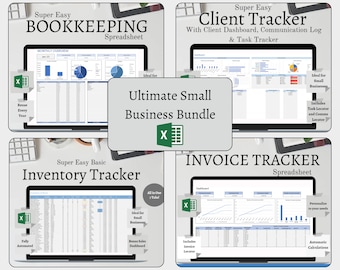 May include: A collage of four computer screens showing spreadsheets for bookkeeping, client tracking, inventory tracking, and invoice tracking. Each screen has a title and a description of the spreadsheet's features. The title "Ultimate Small Business Bundle" is displayed in the center of the collage.