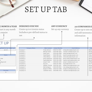 Set Up tab. Set up in any month or year. Create up to 6 invoice status with 6 pre defined for you to utilize. Set up in any currency. Create up to 300 company/clients and add necessary contact information.