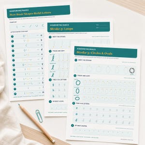May include: Three white educational handwriting practice worksheets with teal headers. The pages feature letter construction charts, stroke exercises for loops, circles, and ovals, with dotted lines for tracing. A wooden pencil and a teal paperclip are included.