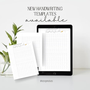 May include: Two printable handwriting practice sheets with the text "Handwriting Practice" and a pencil icon. The sheets are on a white surface with a tablet displaying the same sheet in the background. The text "New Handwriting Templates available" is at the top of the image. The text "@essynotes" is at the bottom of the image.