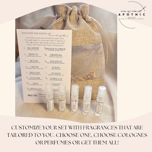 May include: A perfume set with miniature vials labelled with names such as "Midnight" and "Tobacco", a drawstring bag, and a card listing scent options. The card reads "Discover the scents of Unwind Apothecary."