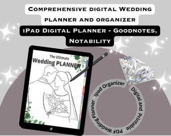 May include: A digital wedding planner for iPad, featuring a line drawing of a couple, with the text "The Ultimate Wedding Planner" on the screen. The planner is compatible with Goodnotes and Notability apps. The image also includes a diamond ring and the text "iPad Organizer, Wedding Planner - PDF - Digital and Printable".