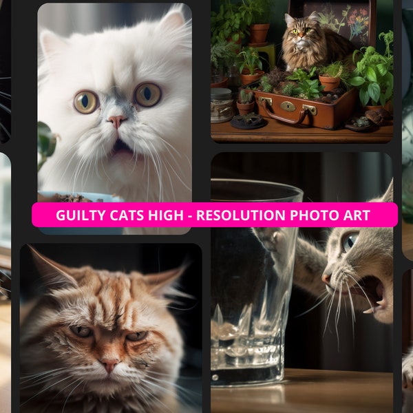 Gift for Cat Person, Midjourney Art, High Resolution, Printable Wall Art, Funny Cats, With & Without Text Overlays , Unique Gift, So Guilty!