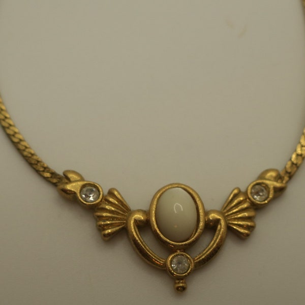 Vintage 1990s Avon Delicate Mother of Pearl Rhinestone Herringbone Necklace.  Preowned.