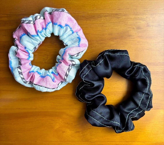 Scrunchie Duo | Pink & Black Satin Cotton Hair Ties - Etsy display picture 1
