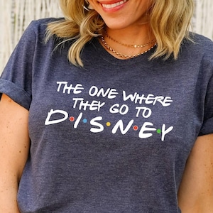 Pu&ograve; includere: Una maglietta blu navy con maniche arrotolate con la scritta bianca "THE ONE WHERE THEY GO TO DISNEY", con la parola "DISNEY" in un font colorato e stilizzato. La maglietta &egrave; abbinata a jeans strappati blu chiaro.