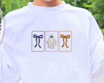 Sudadera con lazo bordado de Halloween, diseño de tres fantasmas, lazo moderno, regalo para animar a las chicas, sudadera con encaje.