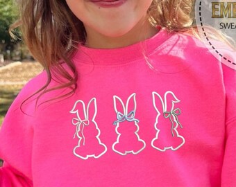 Embroidery Easter Bunny Hoodie, Coquette Sweatshirt, Easter Day Hoodie, Cute Rabbit Sweatshirt, Embroidered Bow Sweatshirt, Three Bunnies