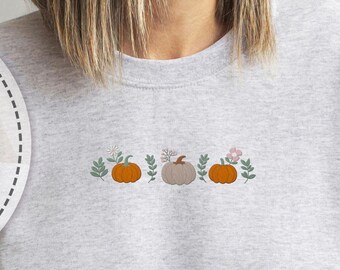 Embroidered Pumpkin Trio Sweatshirt, Fall Hoodie, Autumn Style Sweatshirt, Thanksgiving Hoodie, Neutral Sweatshirt, Pumpkin Patch Hoodie