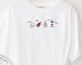 Embroidered Nautical Shirt, Beach Vacation Tshirt, Boat Lover Tee, Lighthouse Tee, Sailing Gift Tee, Beach Adventure T-Shirt, Comfort Colors