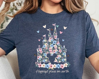 Floral Mickey Castle Shirt, Disneyland Shirt, Happiest Place on Earth Shirt, Mickey Ear Shirt, Disney Trip Shirt, Disneyworld Tshirt