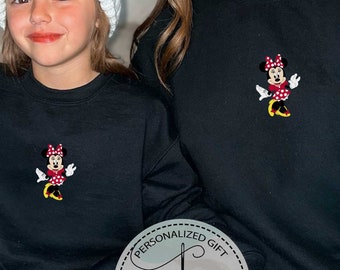 Embroidery Disney Sweatshirt, Embroidered Mickey Minnie Hoodie, Cute Disney Sweatshirt, Mouse Youth Sweatshirt, Disney Vacation Wear