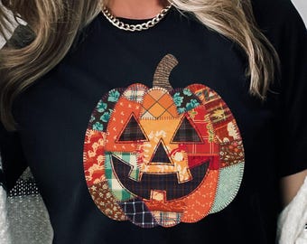 Patchwork Halloween Shirt, Pumpkin Apparel Tshirt, Pumpkin Season Tee, Autumn Fall Shirt, Halloween Pumpkin Shirt, Autumn Tshirt