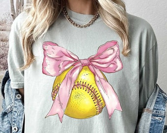 Softball Bow Tee, Comfort Colors Shirt, Softball Coquette Tee,  Pink Coquette Bow, Softball Lover Shirt, Yellow Softball, Cute Mom Shirt