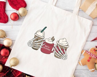 Bolsa de tela navideña, manos de esqueleto, bolsa de café, bolsa para fiesta de Navidad, bolsa de tela para vacaciones, gráfico de esqueleto, bolsa de tela para profesor, regalos de Navidad