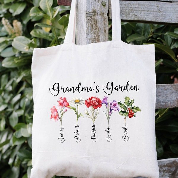 Personalized Tote Bag, Mom Tote Bag, Custom Name Bag, Flower Tote Bag, Grandma's Garden, Mothers Day Gift, Grandma Bag, Gift For Mom