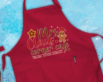 Mrs Claus Corner Cafe Apron, Santa Claus Apron, Cookie Apron, Christmas Prep, Mom Apron, Family Dinner Gift, Baking Apron, Christmas Festive