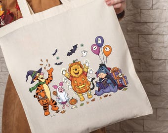 Cute Disney Friends Halloween Tote Bag, Winnie The Pooh Bag, Spooky Vibes Tote Bag, Fall Pumpkin Bag, Pooh Pumpkin, Disneyworld Tote Bag